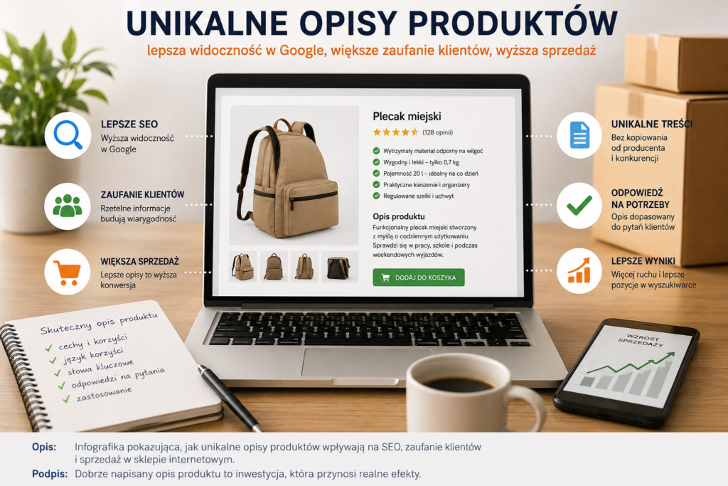 Unikalne opisy produktów wspierające SEO, zaufanie klientów i sprzedaż w sklepie internetowym