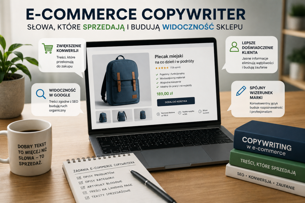 E-commerce copywriter tworzący treści SEO i sprzedażowe dla sklepu internetowego
