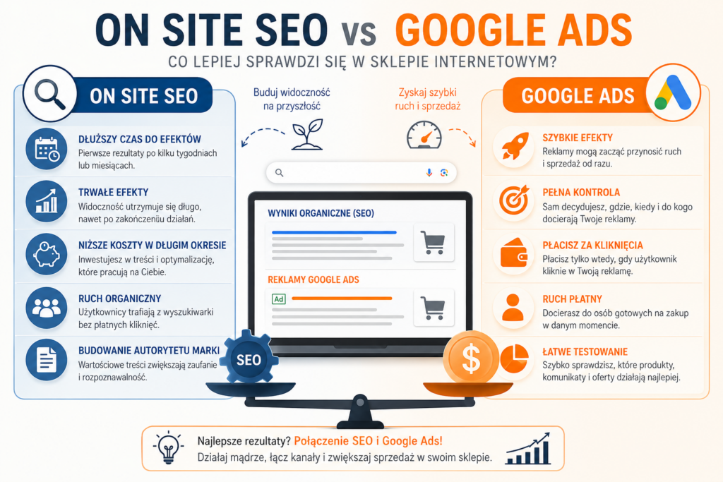 On site SEO vs Google Ads – porównanie kosztów, czasu efektów i rodzaju ruchu w sklepie internetowym