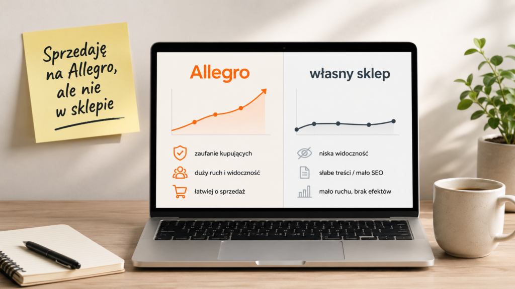 Porównanie sprzedaży na Allegro i we własnym sklepie, który potrzebuje lepszych opisów produktów i kategorii.