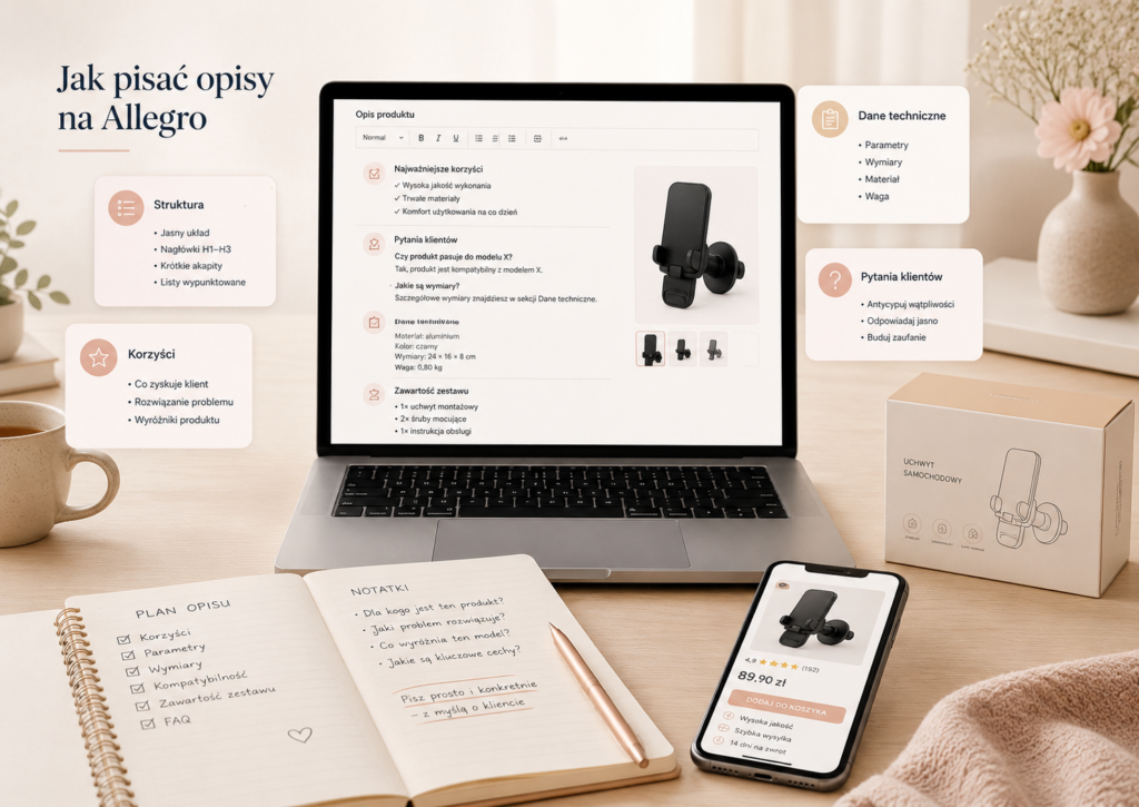 Tworzenie opisu produktu na Allegro z korzyściami, parametrami i pytaniami klientów