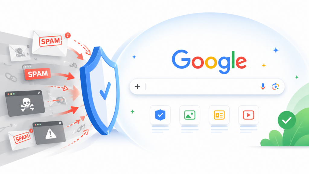Google Spam Update 2026 blokujący spam i niskiej jakości treści w wynikach wyszukiwania