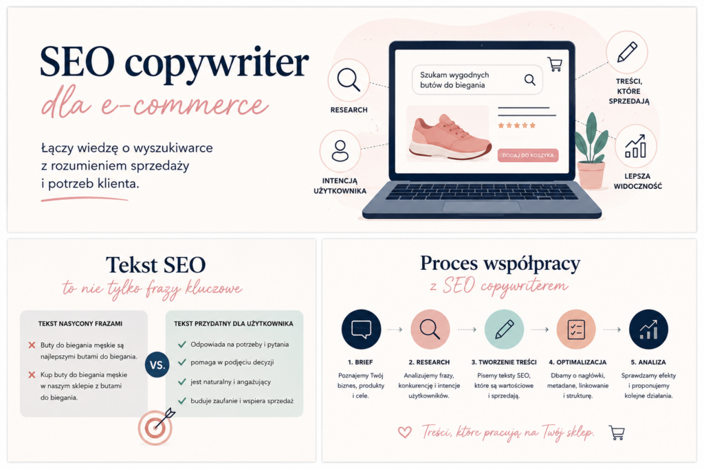 SEO copywriter tworzący treści dla sklepu internetowego przy laptopie