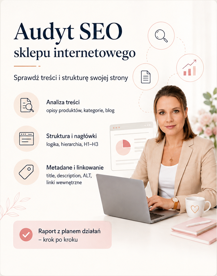 Audyt SEO sklepu internetowego obejmujący analizę treści, nagłówków, metadanych i linkowania