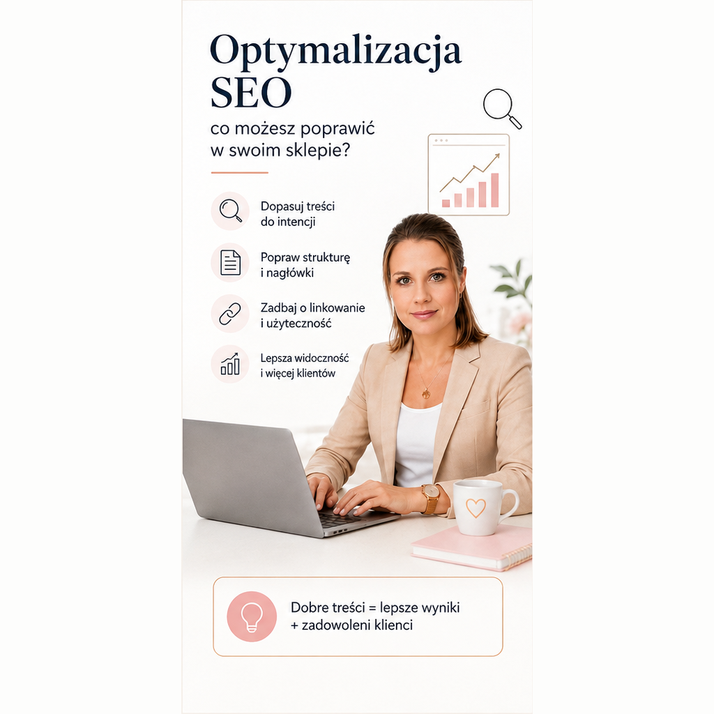 Optymalizacja SEO sklepu internetowego obejmująca treści, nagłówki, linkowanie i dopasowanie do intencji użytkownika