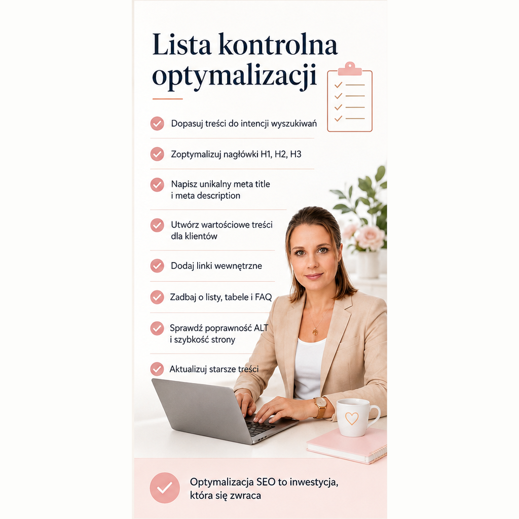 Checklista optymalizacji treści sklepu z nagłówkami, metadanymi, linkami wewnętrznymi, ALT, FAQ i aktualizacją artykułów